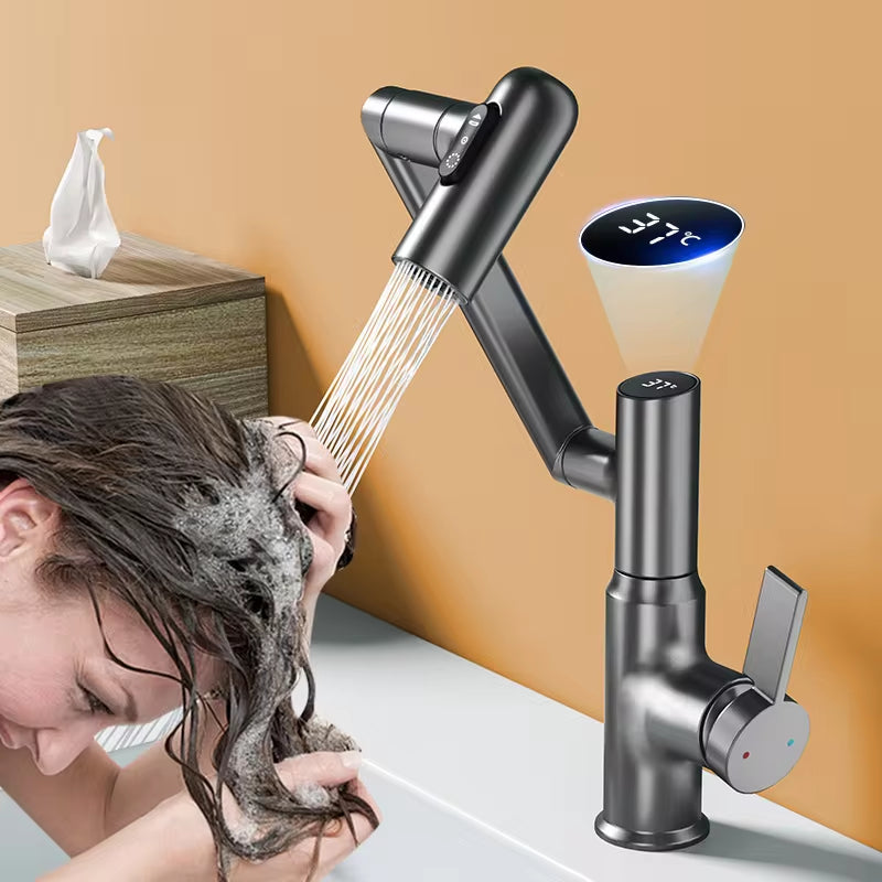 Digital LED Display Basin Tap – 360° Rotating Hot & Cold Water Mixer with Multi-Function Sprayer