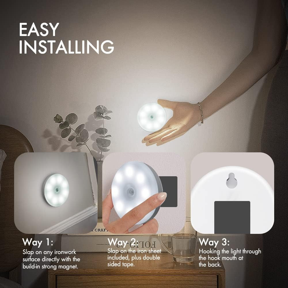 3-Pack Rechargeable Motion Sensor Lights – Wireless LED Night Lights, 6000K Cool White, Magnetic & Easy-Install