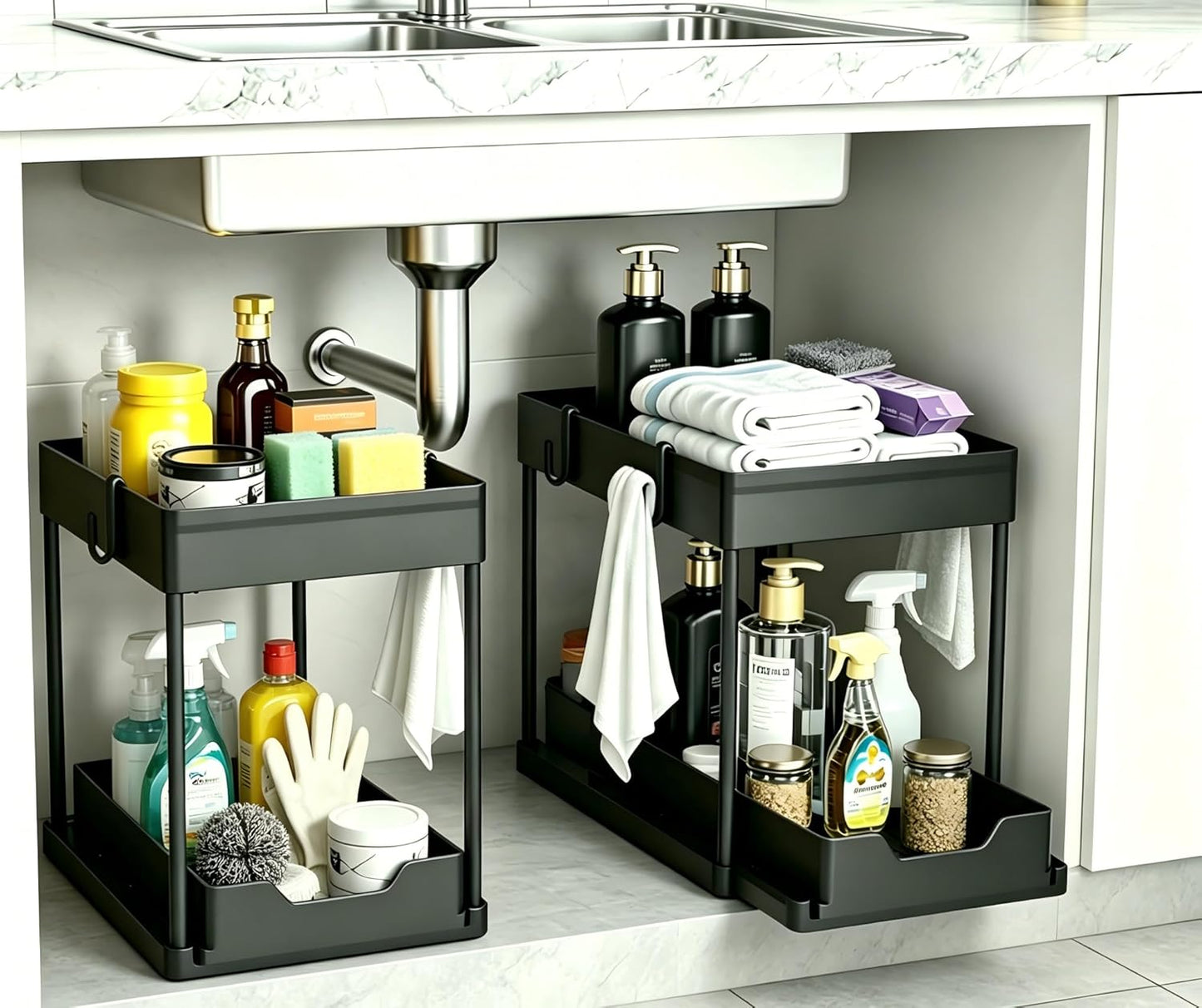 2-Pack Under Sink Storage Organisers – 2-Tier Sliding Pull-Out Drawers for Kitchen, Bathroom & Cabinets