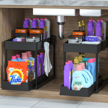 2-Pack Under Sink Storage Organisers – 2-Tier Sliding Pull-Out Drawers for Kitchen, Bathroom & Cabinets