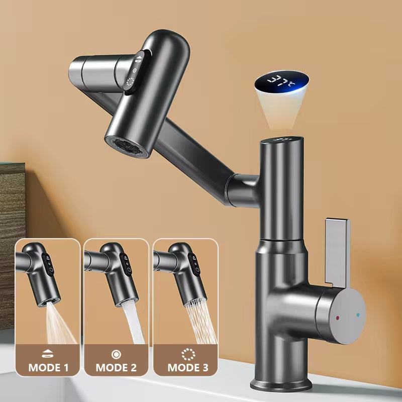 Digital LED Display Basin Tap – 360° Rotating Hot & Cold Water Mixer with Multi-Function Sprayer