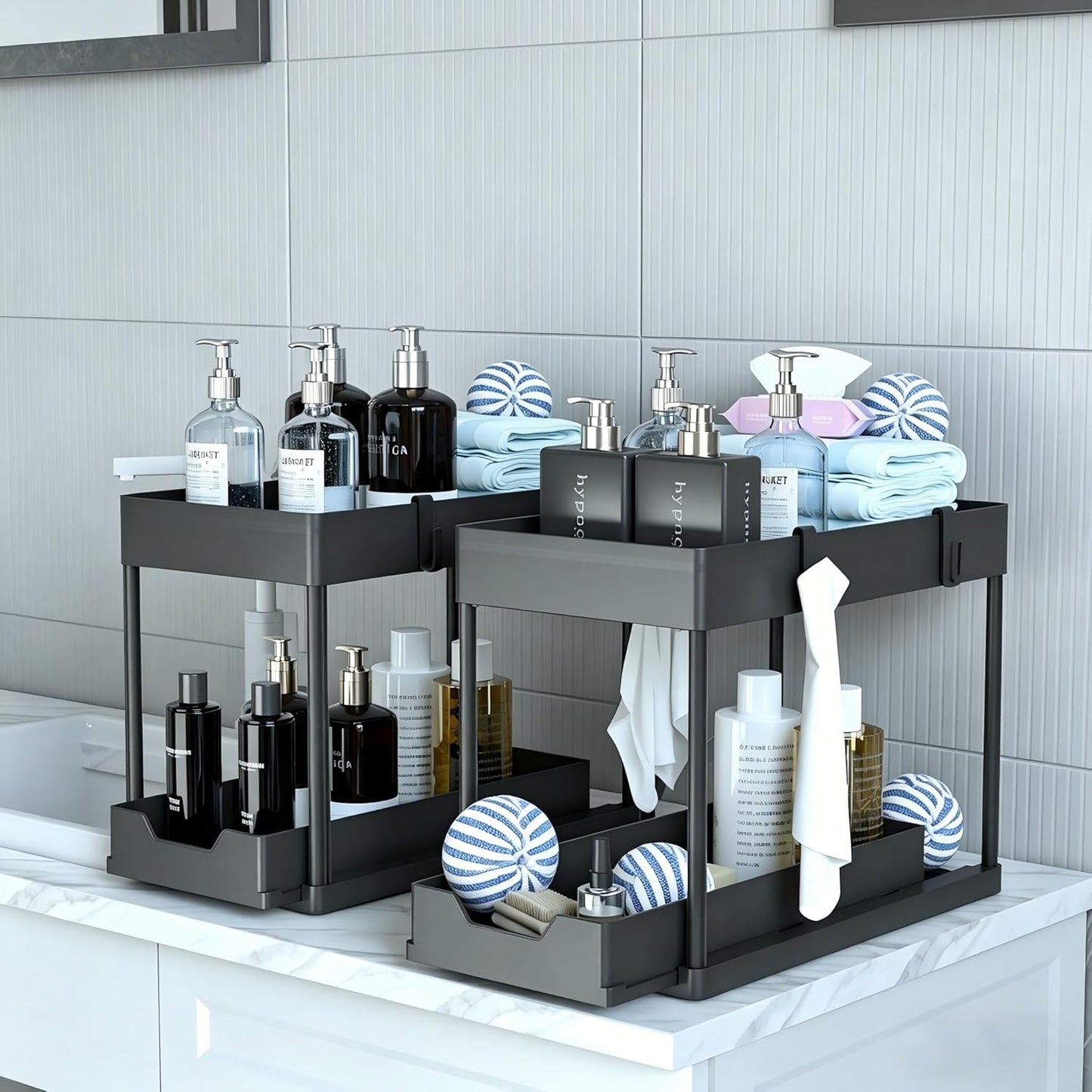 2-Pack Under Sink Storage Organisers – 2-Tier Sliding Pull-Out Drawers for Kitchen, Bathroom & Cabinets