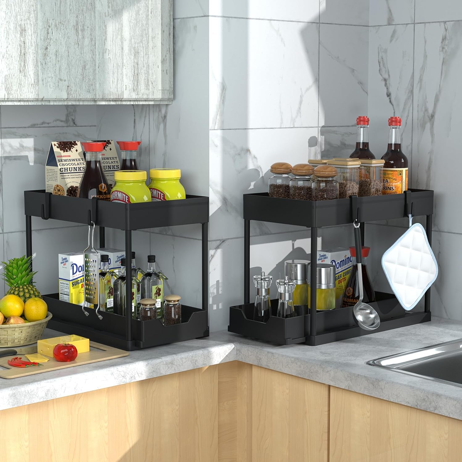 2-Pack Under Sink Storage Organisers – 2-Tier Sliding Pull-Out Drawers for Kitchen, Bathroom & Cabinets