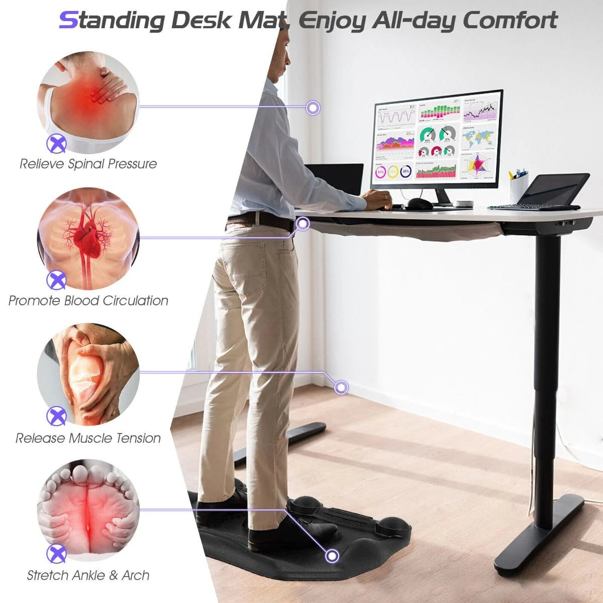 Ergonomic Anti-Fatigue Standing Mat – Foot Massage Roller & Massage Points for Standing Desks, Home & Office